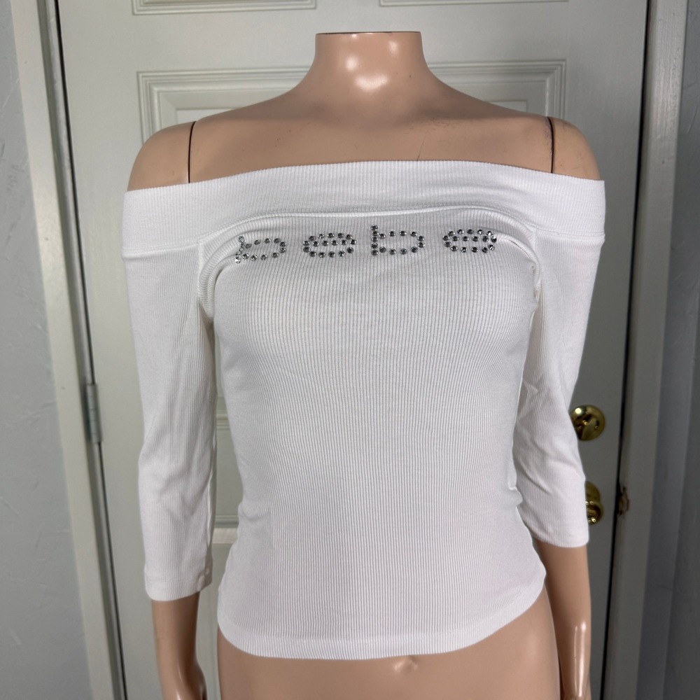 Vintage Y2K Shirt Bebe USA Made Half Sleeve logo Baby Tee Off Shoulder Crop KK8